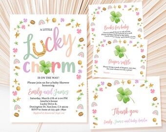 St Patrick's Day Girl Baby Shower Invitation Bundle, A Little Lucky Charm Invite Set, Shamrock Clover, Pink Green Rainbow EDITABLE BS49P