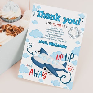 Tarjetas de agradecimiento de avión editables Notas de agradecimiento para fiestas de cumpleaños de aviación Papelería para pilotos para niños Plantilla de archivo de tiempo imprimible digital BTD003