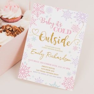 Winter Baby Shower Invitation Baby Its Cold Outside Girl Baby Shower Invite Pink Purple Snowflake Winter Wonderland December EDITABLE BS10P