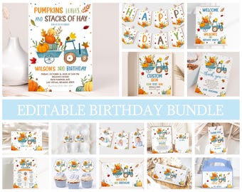 Può includere: Pacchetto di stampabili per feste di compleanno editabili a tema autunnale. Il design presenta un trattore che tira un carro pieno di zucche e balle di fieno. Il testo dice "Pumpkins Leaves and Stacks of Hay" e "Wilson's 3rd Birthday".