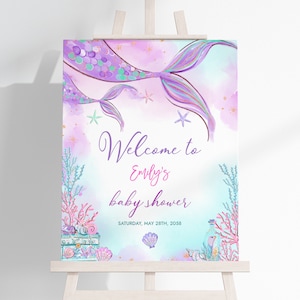 Meerjungfrau-Babyparty-Willkommensschild unter dem Meer Poster Mädchen Gender Neutral Party Decor Prinzessin Magische Lila Teal Gold Veranda EDITIERBARE BS37V