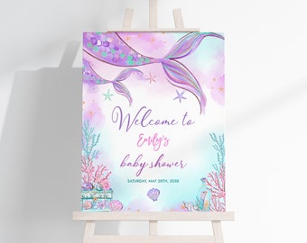 Mermaid Baby Shower Welcome Sign Under The Sea Girl Poster Pink Purple Gold Front Yard Porch Sign EDITABLE Template Baby Sprinkle Decor BS37