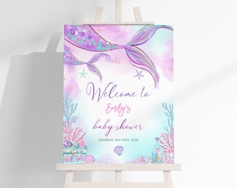 Mermaid Baby Shower Welcome Sign Under The Sea Poster Girl Gender Neutral Party Decor Princess Magical Purple Teal Gold Porch EDITABLE BS37V