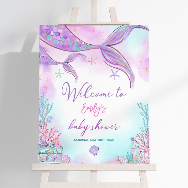 Mermaid Baby Shower Welcome Sign Under The Sea Girl Poster Pink Purple Gold Front Yard Porch Sign EDITABLE Template Baby Sprinkle Decor BS37