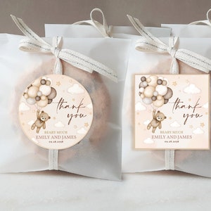 Pegatinas de agradecimiento con forma de osito de peluche, etiquetas de regalo para baby shower, etiquetas de regalo para el primer cumpleaños, etiquetas de galletas con hierba de la pampa marrón beige, imprimibles BS21E BT81E