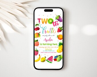 May include: A colorful invitation for a child's second birthday party. The invitation features a phone screen with the text "TWO frutti" and "Amelia is turning two". The invitation is decorated with various fruits, including strawberries, cherries, kiwi, watermelon, pineapple, and bananas.