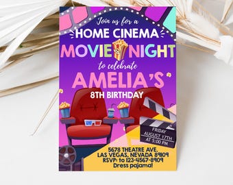 May include: A purple and pink invitation with a movie theme. It reads "Join us for a Home Cinema Movie Night to celebrate Amelia's 8th Birthday". The invitation features a cartoon image of a cinema with two red seats, popcorn, and 3D glasses. It also includes the date, time, and address for the event.