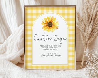 Individuelles Schild für die Babyparty mit Sonnenblumenmuster, gelbes Blumen-Gingham-Geburtstagsposter, rustikale Partydeko, Sommer-Boho-Herbst-Druckvorlage AS57Y AT93Y