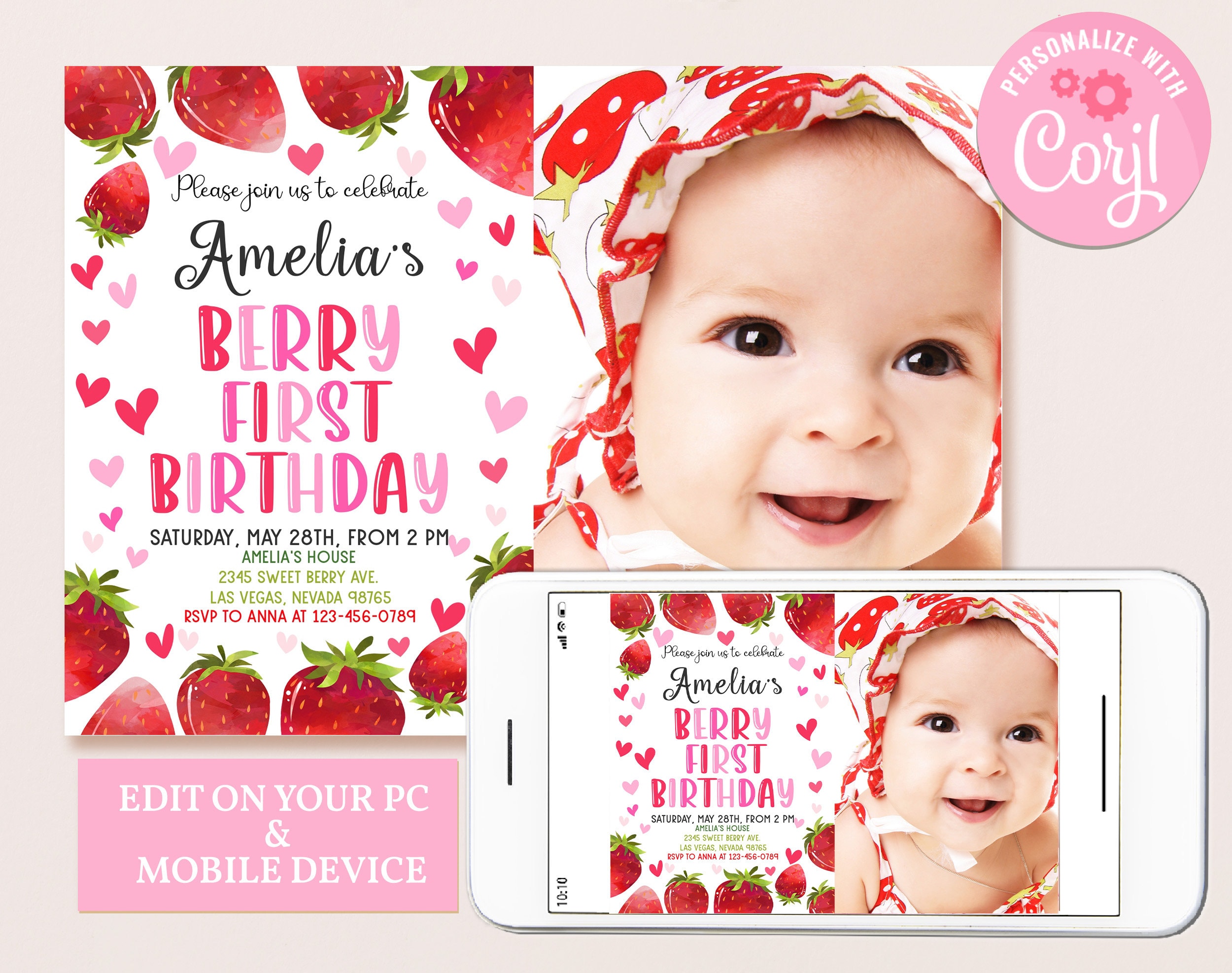 Berry First Birthday Photo Invitation, Strawberry 1st Bday Invite, Pink ...