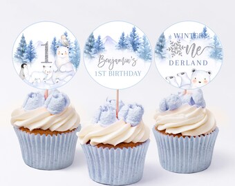 Decorazioni per cupcake Winter Onerderland Wonderland per bambini e bambine, primo compleanno, decorazione per feste, centrotavola con animali artici e orso polare, stampabili, BT46B