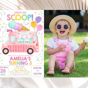Ice Cream Truck Birthday Photo Invitation Girl 1st Birthday Party Invite Any Age Two Sweet One Here's the Scoop Summer Pink EDITABLE BT69P
