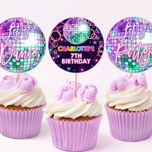 Topper per cupcake di compleanno per feste danzanti, decorazioni per feste di compleanno per ragazze adolescenti, arcobaleno al neon, palla da discoteca, musica retrò, etichette per dessert anni '90, stampabili BT74V