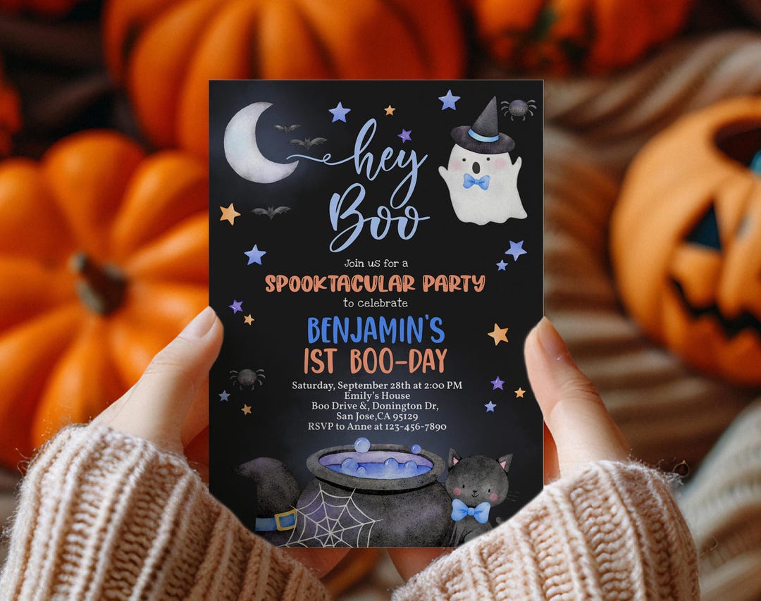 Hey Boo Invitation, Halloween Birthday Invite, Cute Blue Ghost, 1st ...