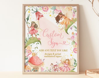 Fairy Birthday Custom Sign Girl Baby Shower Decor Whimsical Floral Garden Tea Party Table Sign Forest Gold Pink EDITABLE BS39P AT26P