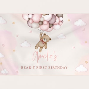 テディベアの誕生日背景バナー、ピクニックパーティーのサイン、かわいいピンクのパンパスグラスの写真撮影、ボヘミアン風船、フォトブース、編集可能なテンプレート BT81P