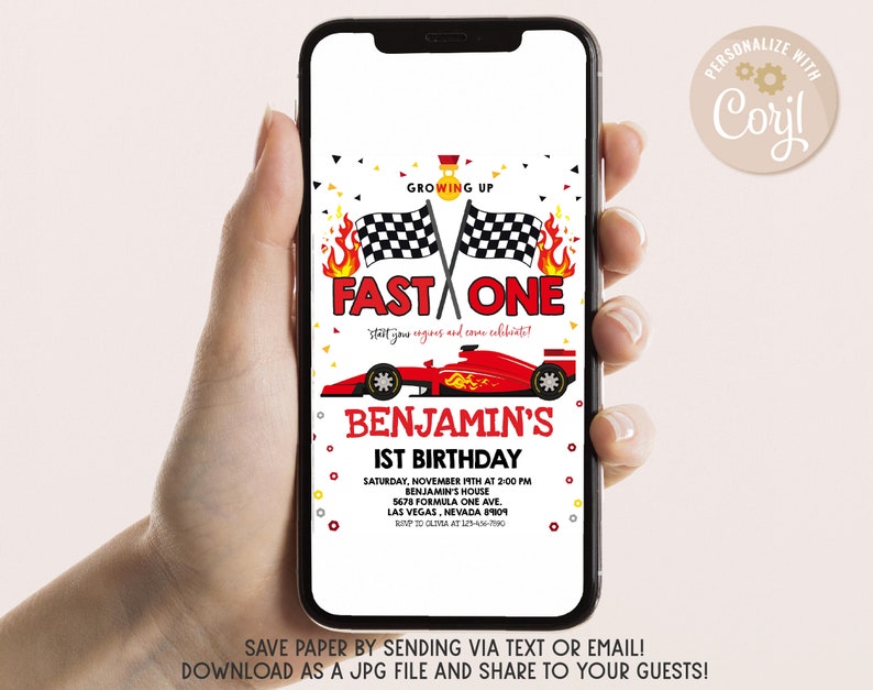 May include: A red, white and black race car birthday invitation with a chequered flag and flames. The invitation says "Growing Up Fast One" and "Benjamin's 1st Birthday".