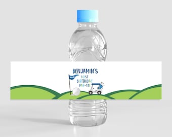 Etiqueta para botella de agua de cumpleaños de golf Hoyo en uno Decoración para fiesta de cumpleaños de niño 1er cumpleaños Golf Let's Par-Tee Pegatinas impermeables imprimibles BT24B