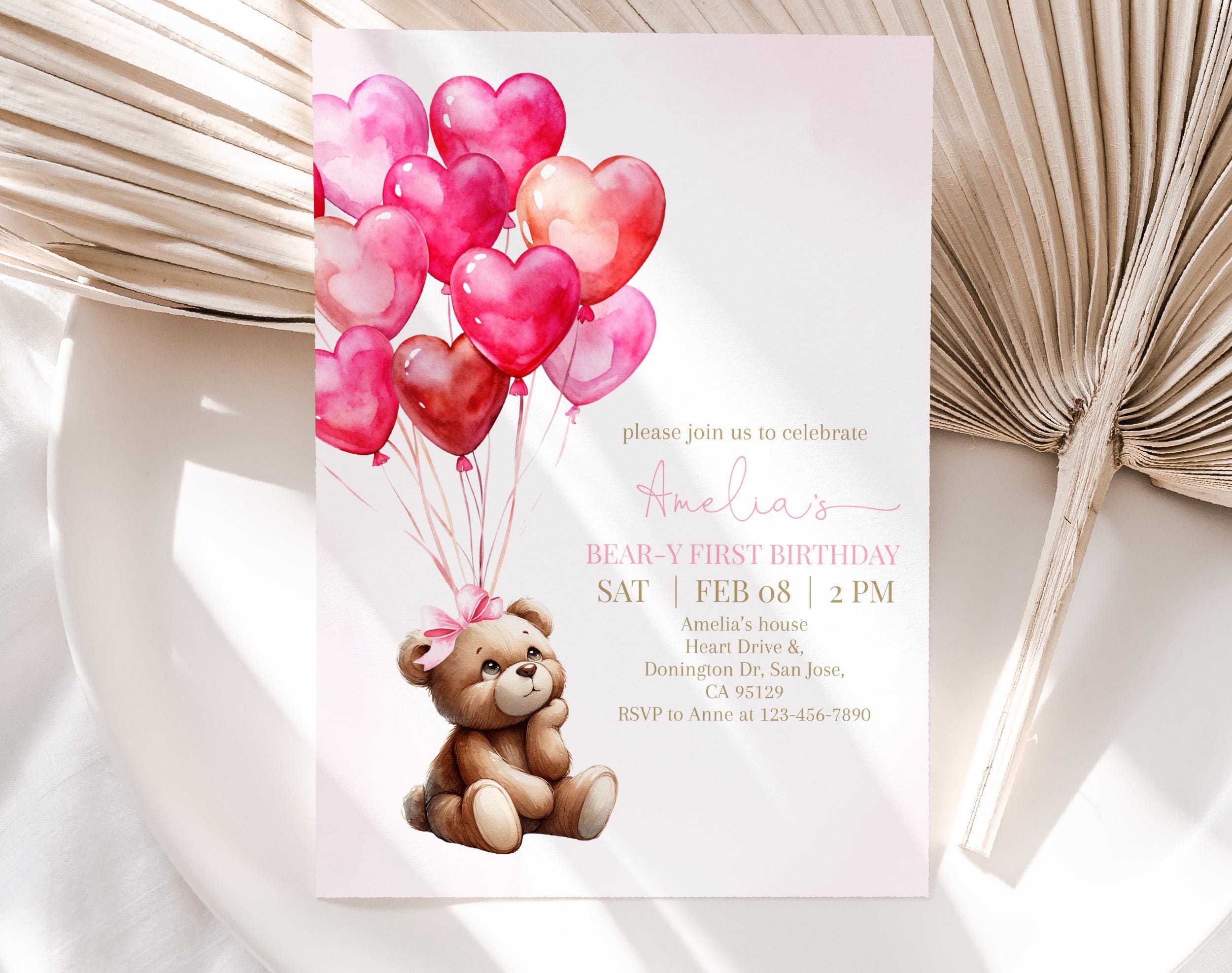Teddy Bear Birthday Invitation Valentines Day Girl Pink Balloon Hearts ...