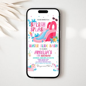 Waterslide Birthday Evite Summer Pool Party Digital Invitation Pink Water Slide Waterpark Mobile Phone Electronic Text Invite EDITABLE BT77P