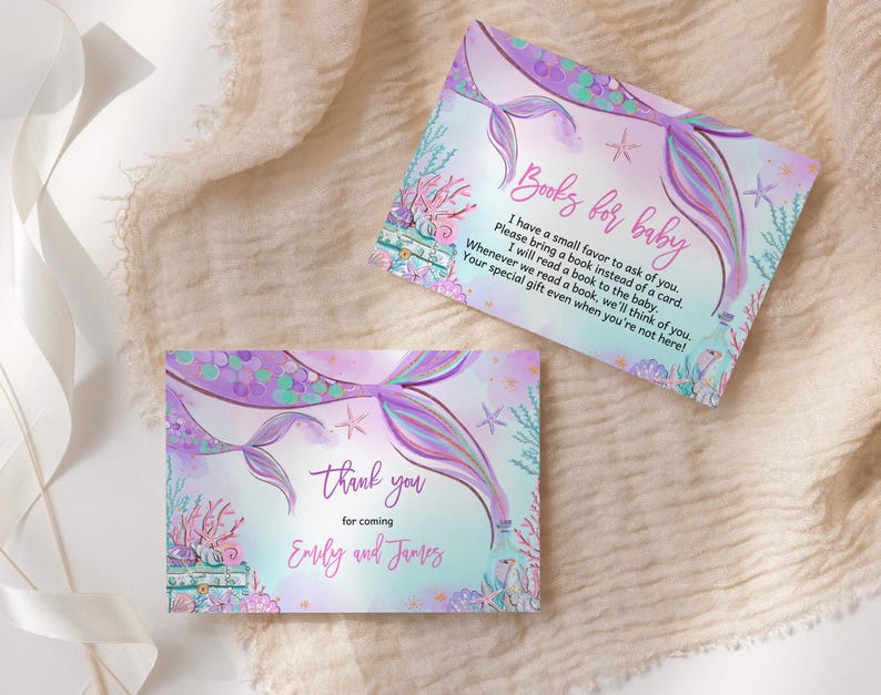 Inbjudningspaket för sjöjungfrubabyshower under havet Inbjudningsset Lilla sjöjungfrun Rosa lila kricka Nyckfullt hav Havsströssel REDIGERBART BS37V bild 6