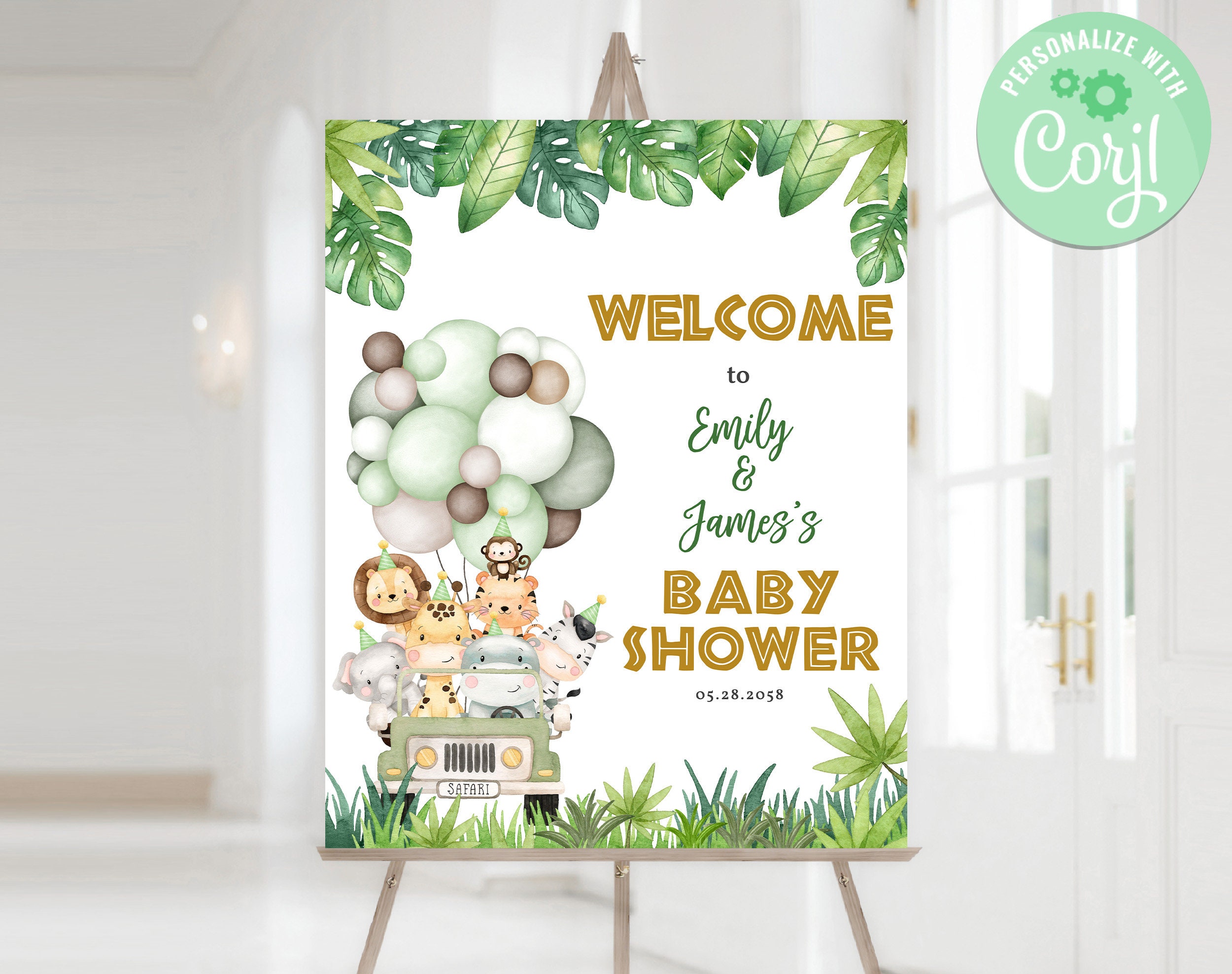 Cartel de bienvenida para baby shower de safari, dorado, salvaje, jungla,  género neutro, póster para fiesta, animales del zoológico, patio, porche,  puerta de entrada, plantilla editable BS47G - Etsy México, image size:2500x1975