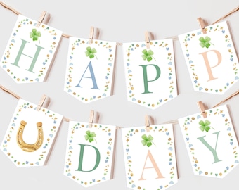 St Patrick's Day Boy Birthday Banner, Shamrock Clover Rainbow Garland, Lucky One Party Decor, Irish March 1st Bday EDITABLE Photo Prop BT95B