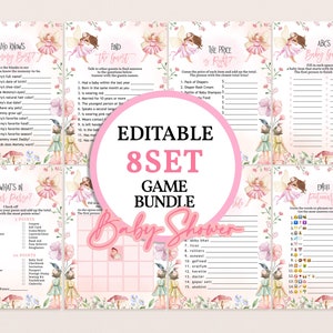 Fairy Baby Shower Games Set Whimsical Enchanted Forest Magical Pink Floral Garden Tea Party Bundle Printable Emoji Bingo Word Scramble BS42P