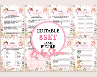 May include: Printable baby shower game bundle featuring a pink and green fairy theme. The games include "Who Knows Mommy Best", "Find the Guest", "What's in Your Purse", "The Price is Right", "ABC's Baby Game", and "Emojitionary".