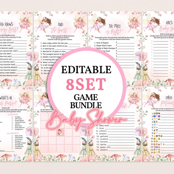 Fairy Baby Shower Games Enchanted Forest Magical Garden Party Game Bundle Girl Pink Blush Floral Printable Emoji Bingo Word Scramble BS42P