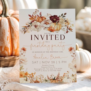 May include: A fall-themed invitation card with the text "YOU'RE INVITED to a firstday party" and floral and pumpkin illustrations. The card includes the name "Amelia Brown" and event details. Pumpkins and flowers are in the background.