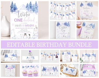 Paquete de invitaciones Winter Onederland, conjunto de invitaciones de cumpleaños con animales del bosque, oso polar, decoración para fiestas árticas, bosque azul y morado, editable BT46HV
