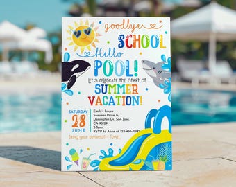 Au revoir, école, bonjour, invitation à la piscine, fin d'année, invitation à une fête d'été, toboggan aquatique Splish Splash Bash, toboggan aquatique, parc aquatique MODIFIABLE SU01B