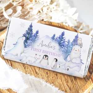 Winter Onederland Chocolate Wrapper Wonderland Candy Bar Label Girl 1st Birthday Party Decor Arctic Animals Woodland 1.55oz Printable BT46HV
