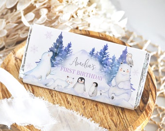 Winter Onederland Chokladpapper Underlandet Chokladkaka Etikett Flicka 1-års Födelsedagsfest Dekor Arktiska Djur Skogsmark 1,55 oz Utskrivbar BT46HV