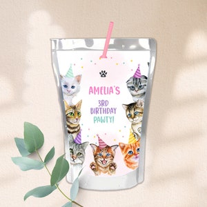 Étiquettes de pochette de jus d'anniversaire chat, décoration d'anniversaire fille, chat rose, fêtards, étiquette de boisson imprimable BT80P