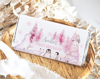 Winter Onederland Chokladpapper Underlandet Chokladkaka Etikett Flicka 1-års Födelsedagsfest Dekor Arktiska Djur Skogsmark 1,55 oz Utskrivbar BT46P