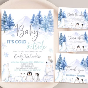 Winter-Wunderland-Babyparty-Bundle-Junge-Baby, es ist kalt draußen, Einladungs-Reihe Eisbär Arktis-Tier-Waldland laden Set EDITIERBARE BS06B ein