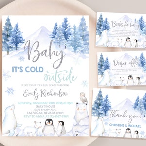 Winter Wonderland Baby Shower Bundle Boy Baby It's Cold Outside Invitation Suite Polar Bear Arctic Animal Woodland Invite Set EDITABLE BS06B