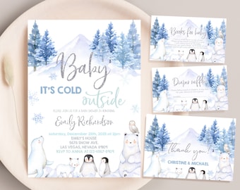 May include: Baby shower invitation with a winter theme. The invitation features a watercolor illustration of a snowy mountain, pine trees, and polar bears. The text reads "Baby It's Cold Outside" and includes details for the shower, such as the date, time, and location.