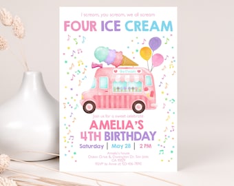 May include: A pink and white ice cream van with a colourful ice cream cone on top. The van has a sign that says "Ice Cream". The background is a light blue with colourful musical notes and stars. The text on the invitation reads "I scream, you scream, we all scream FOUR ICE CREAM. Join us for a sweet celebrate AMELIA'S 4TH BIRTHDAY. Saturday May 28 | 2PM. Amelia's house Ocean Drive &, Donington Dr, San Jose, CA 95129 RSVP to Anne at 123-456-7890."