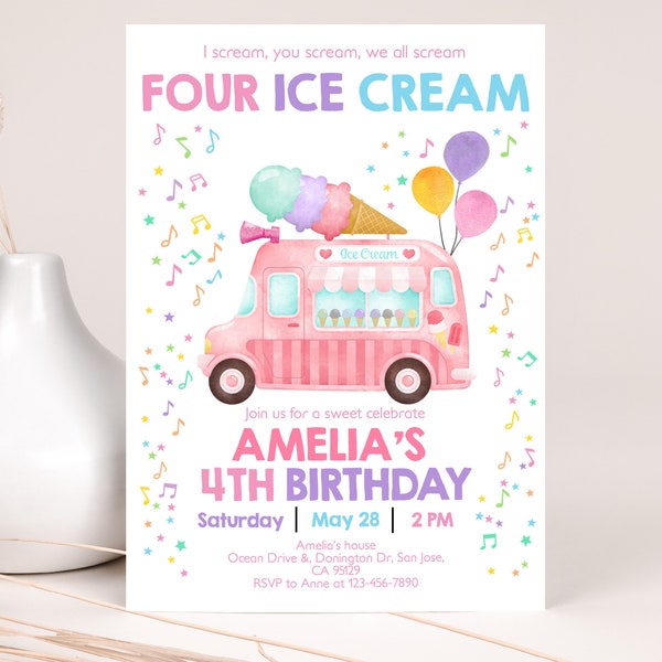 Ice Cream Truck Birthday Invitation Girl 4th Birthday Party Invite Any Age I Scream You Scream We All Scream Four Ice Cream EDITABLE BT69P