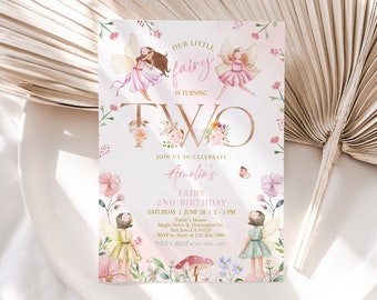 May include: A pink and gold invitation card with a floral design and two fairies. The text on the card reads "Our little fairy is turning two. Join us to celebrate Amelia's 2nd Fairy Birthday. Saturday, June 28, 2-5 PM. Emily's House, Magic Drive & Donington Dr., San Jose, CA 95129. RSVP to Anne at 123-456-7890. RSVP AMM-725-4527-2907"
