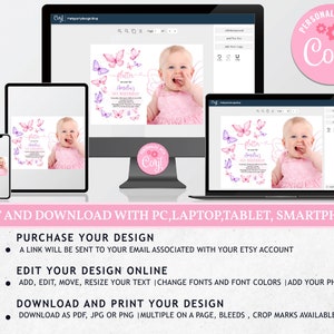 K&ouml;nnte beinhalten: Eine rosa und lila Schmetterlings-gestaltete Einladung zum ersten Geburtstag mit einem Foto eines kleinen M&auml;dchens. Die Einladung ist online bearbeitbar und kann als PDF, JPG oder PNG heruntergeladen werden.