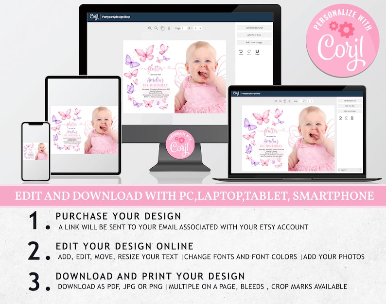 K&ouml;nnte beinhalten: Eine rosa und lila Schmetterlings-gestaltete Einladung zum ersten Geburtstag mit einem Foto eines kleinen M&auml;dchens. Die Einladung ist online bearbeitbar und kann als PDF, JPG oder PNG heruntergeladen werden.