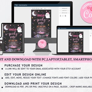 May include: Editable Halloween party invitation template featuring a black cauldron, a ghost, and the text "Amelia's Spooky One" with a pink and purple color scheme. The template is displayed on a computer screen, a tablet, and a smartphone.