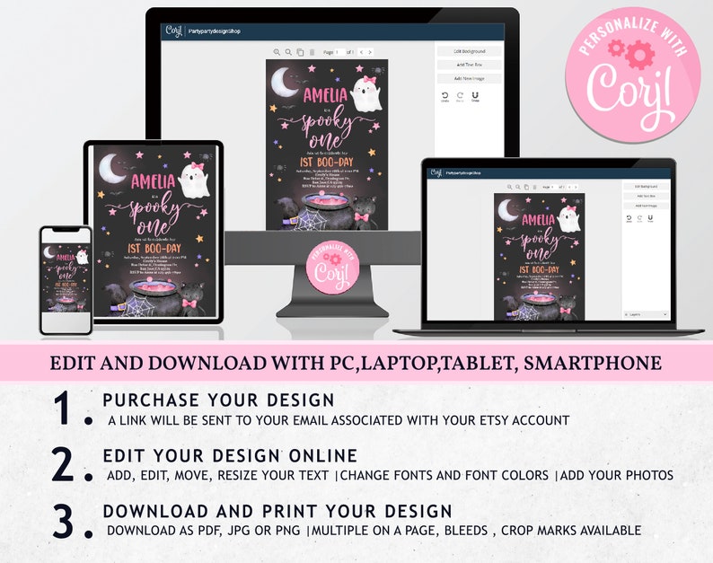 May include: Editable Halloween party invitation template featuring a black cauldron, a ghost, and the text "Amelia's Spooky One" with a pink and purple color scheme. The template is displayed on a computer screen, a tablet, and a smartphone.
