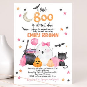 Little Boo Baby Shower Invitation Cute Halloween Baby Shower Pink Ghost Invites Boho Fall Pumpkin Almost Due Party EDITABLE Template BBS029