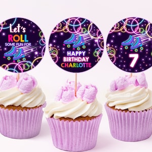 Topper per cupcake con pattinaggio a rotelle, decorazione per compleanno con pattini a rotelle retrò, neon luminoso, festa di ballo in discoteca, etichetta per dessert stampabile BT39V