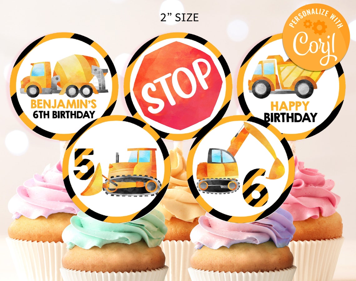 Construction Cupcake Toppers Boy Birthday Party Decor Dump Etsy