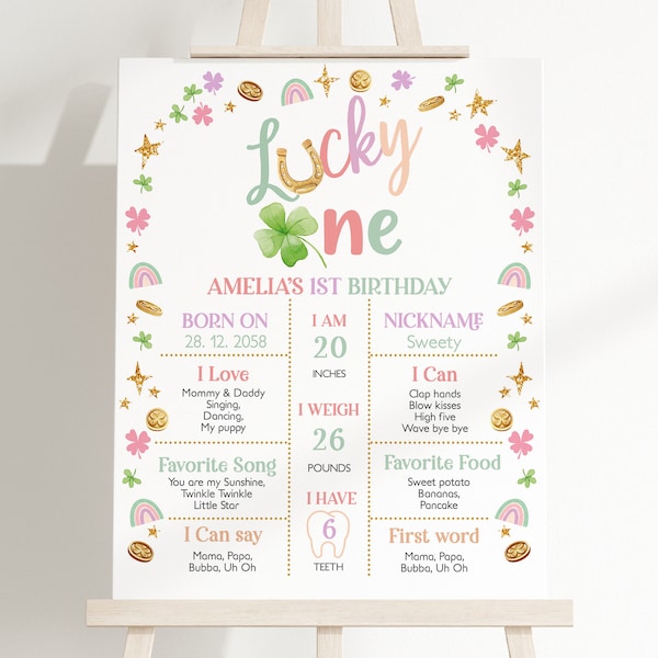 St Patricks Day Birthday Milestone Board Sign Boy Girl 1st Lucky One Birthday Party Decor Shamrock Rainbow Green Gold Clover EDITABLE BT95P